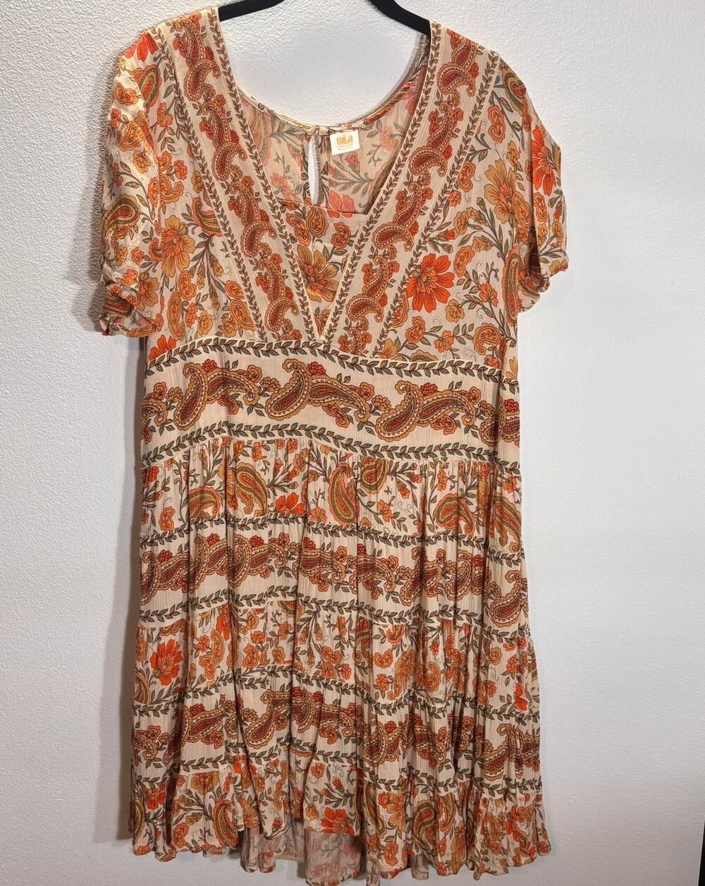 BILA Boho Paisley Floral Mini Dress Cream Orange Tiered Size Large